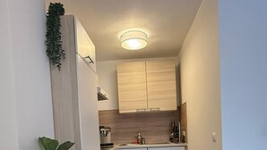 A compact kitchen with white cabinets, a wooden countertop, and a built-in dishwasher. There is a dining area with a table and chairs, and a potted plant on the left. - Central Area 1BR Apartment With Balcony (Vienna)