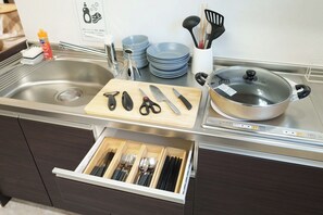 Kühlschrank, Mikrowelle, Herdplatte, Kochgeschirr/Geschirr/Besteck