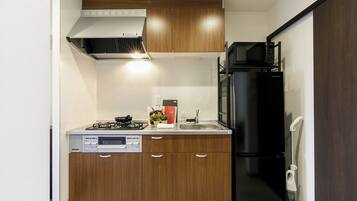 Fridge, microwave, stovetop, cookware/dishes/utensils
