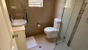 Shower, hair dryer, towels, soap