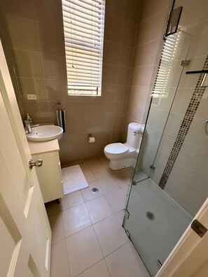 Shower, hair dryer, towels, soap