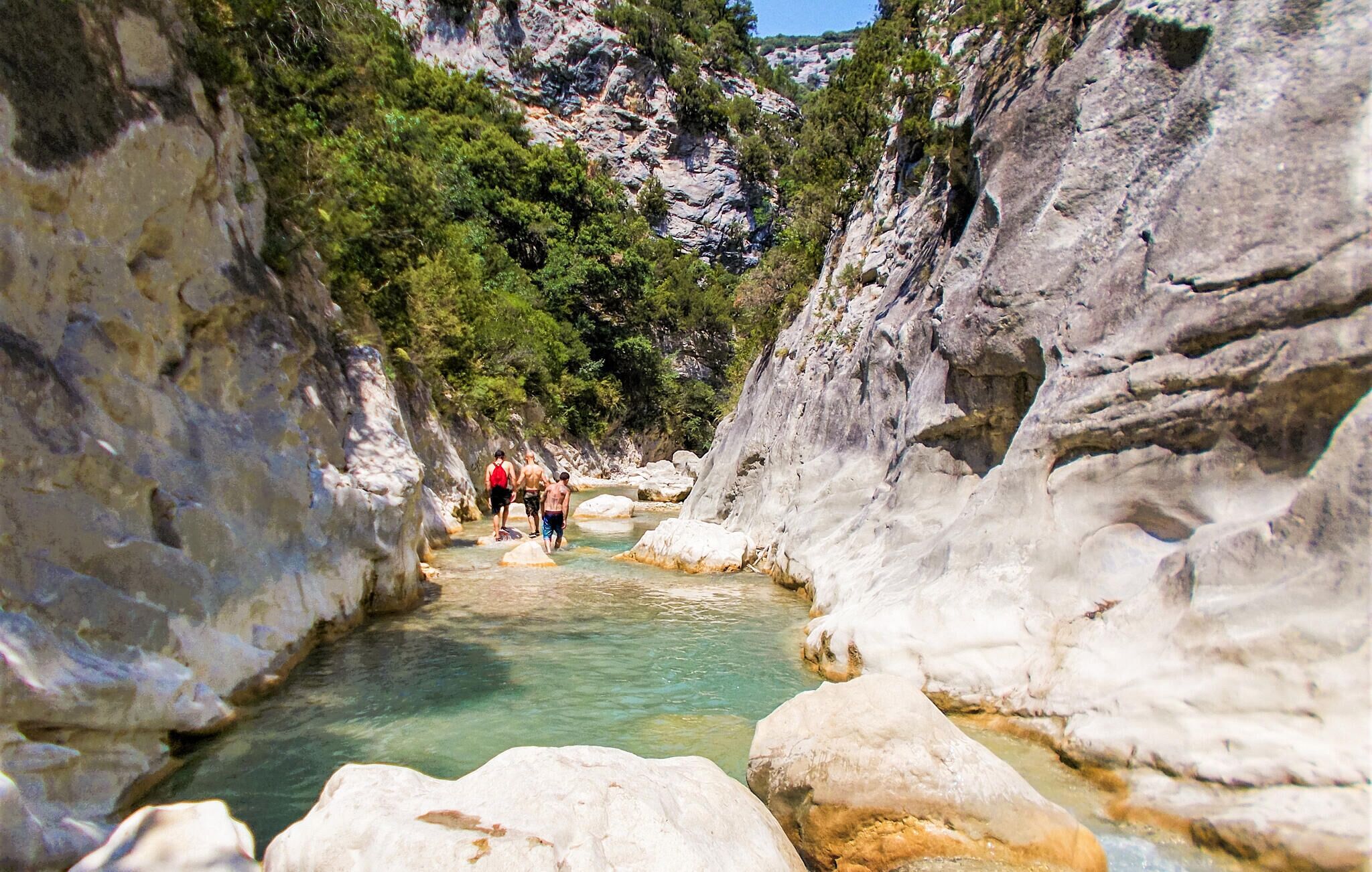 A narrow canyon with clear water and rocky walls, surrounded by greenery.
