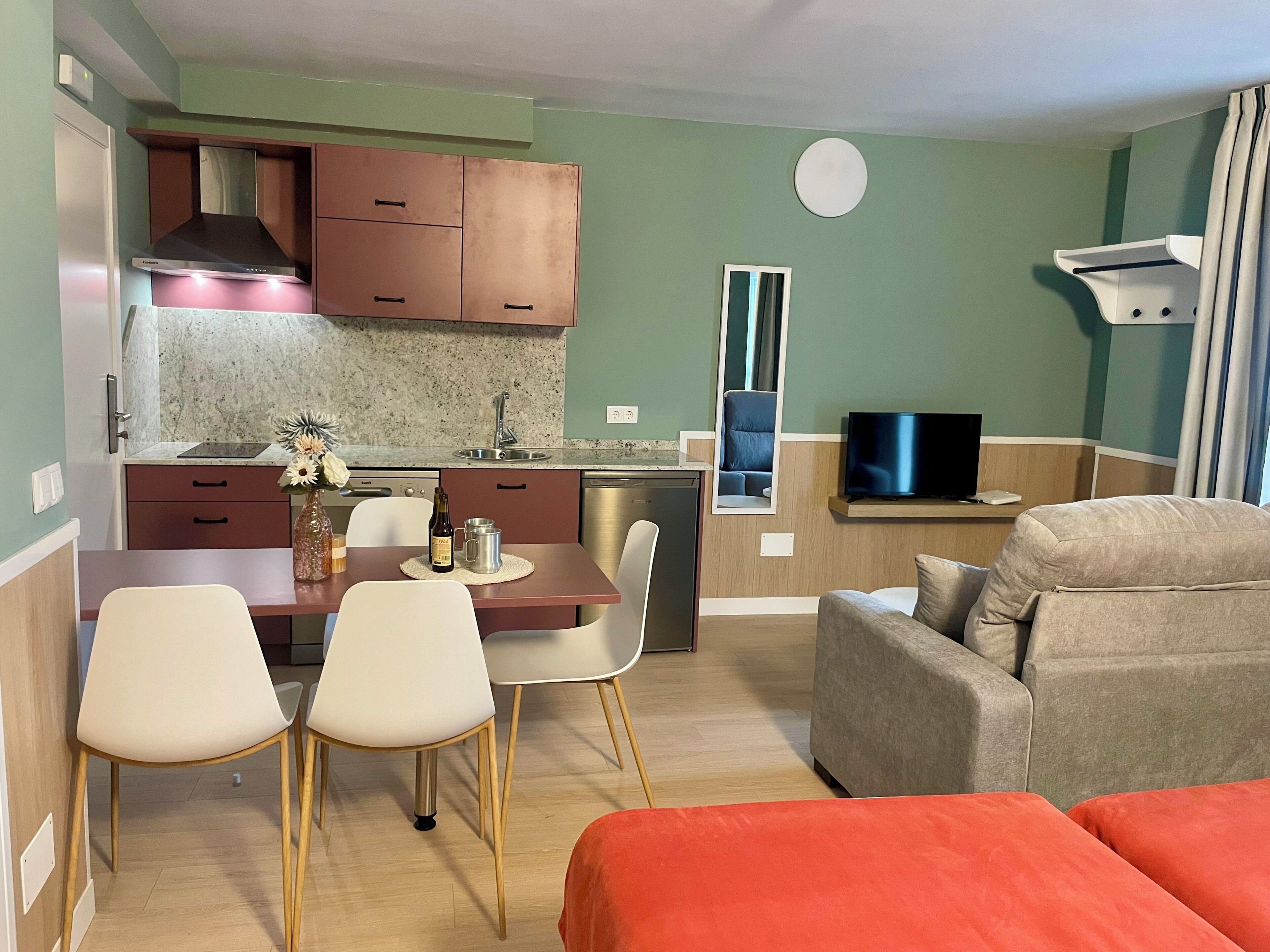 Mini-fridge, microwave, stovetop, dishwasher