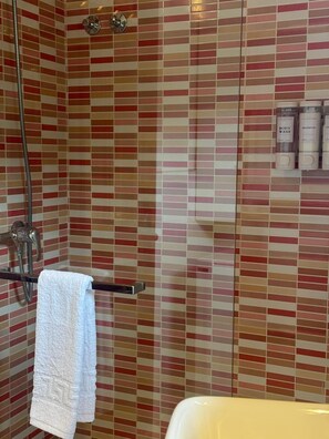 Een douche, een haardroger, een bidet, handdoeken