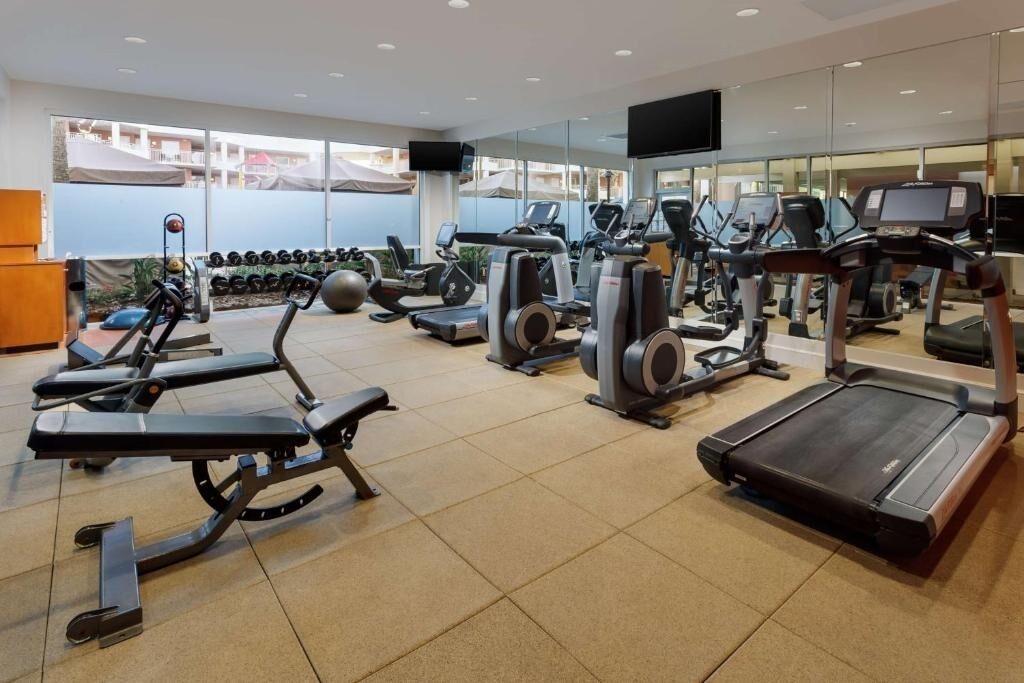 A gym with various exercise equipment including treadmills, elliptical machines, and weight benches.