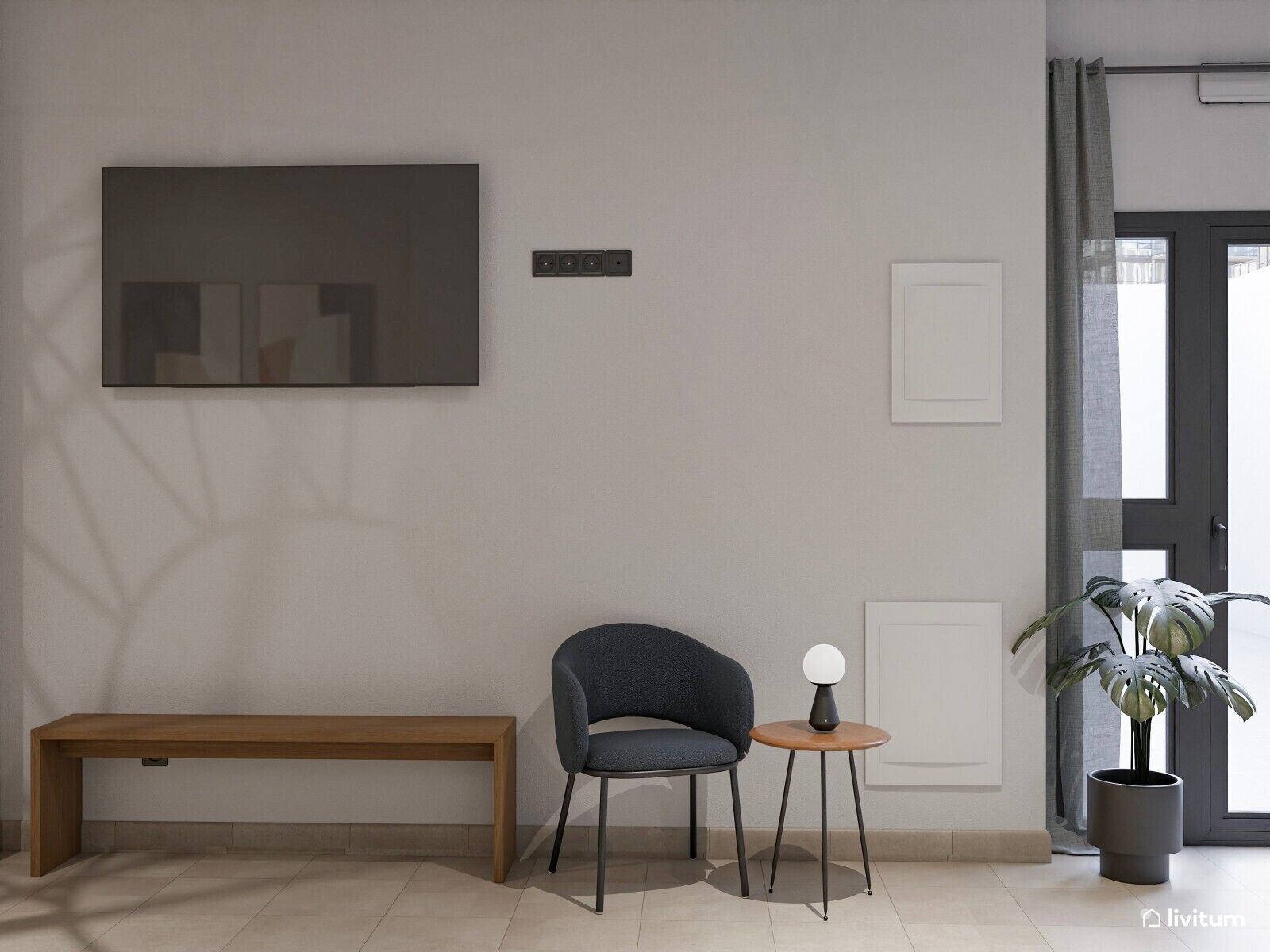 A modern interior with a bench, a chair, a small table, and a potted plant.