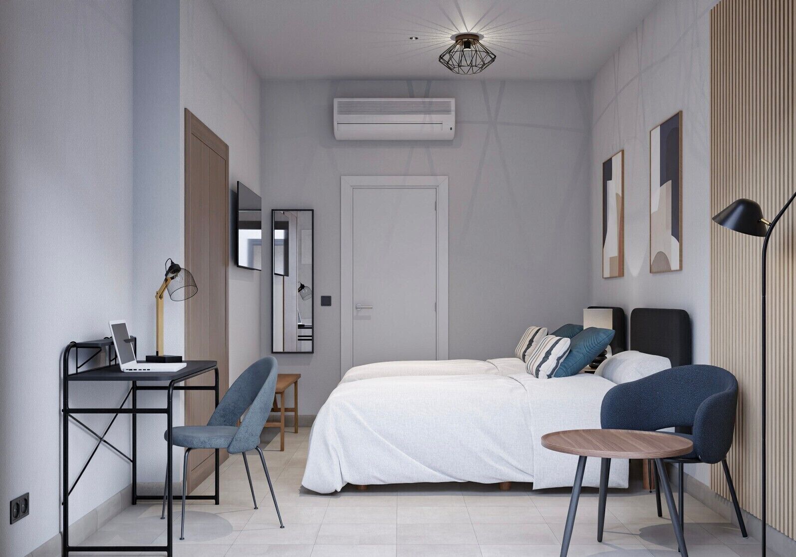 Un dormitorio moderno con cama, escritorio, silla y una mesita.