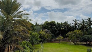 A stone patio with a view of a lush garden and palm trees under a partly cloudy sky. - Borabora Beachfront Malindi Villa  (Malindi)