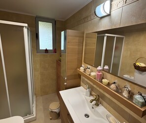 Chuveiro, secador de cabelo, toalhas de banho 