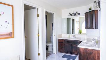 Hair dryer, towels, soap, toilet paper