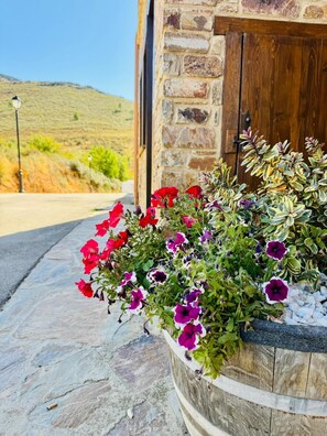 Un bâtiment en pierre avec une porte en bois, un jardinier orné de fleurs rouges et violettes, et une vue dégagée sur un paysage vallonné en arrière-plan.
