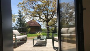 A deck with two sofas and a small table, a potted plant, and a view of a house and trees.