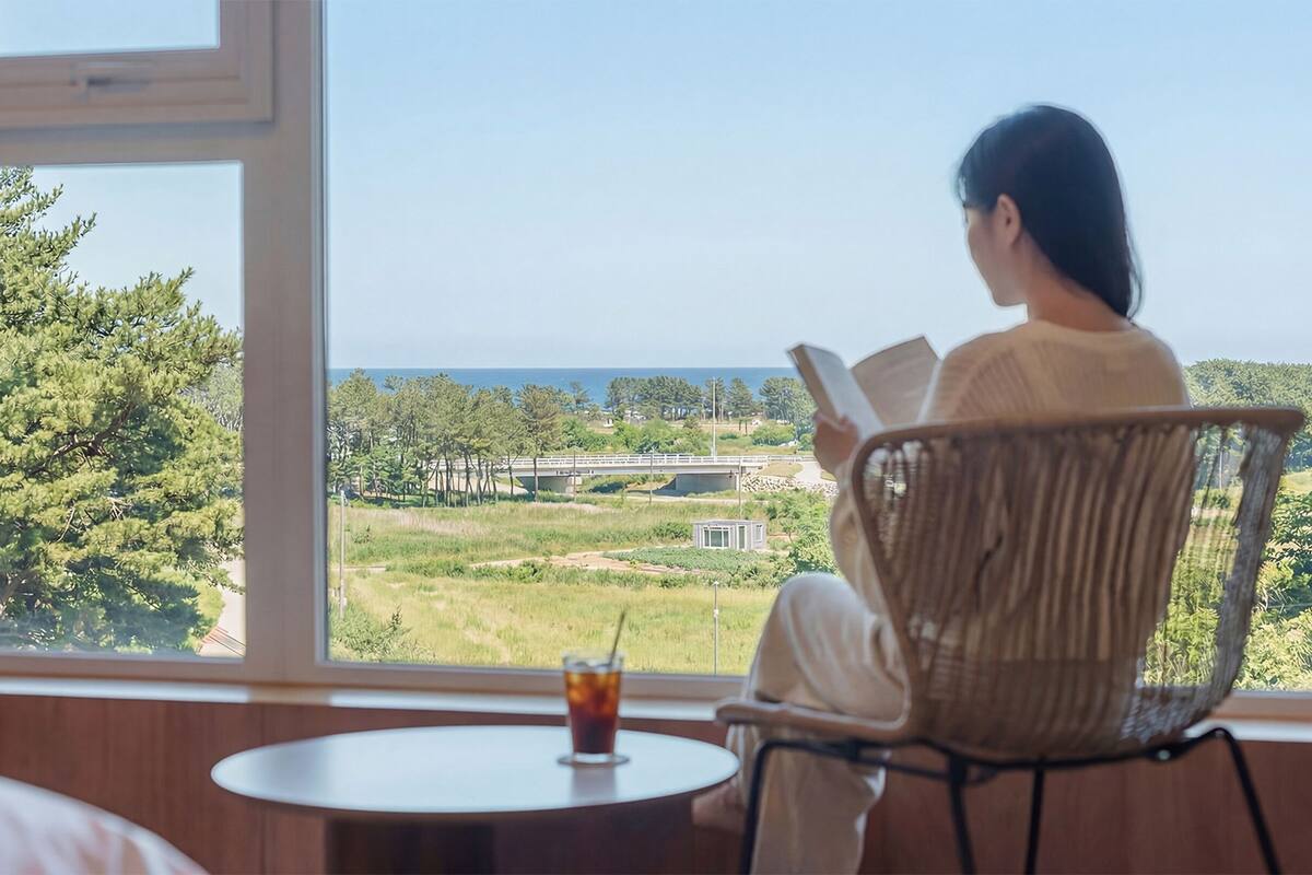 A person sitting by a window with a view of a bridge and greenery.
