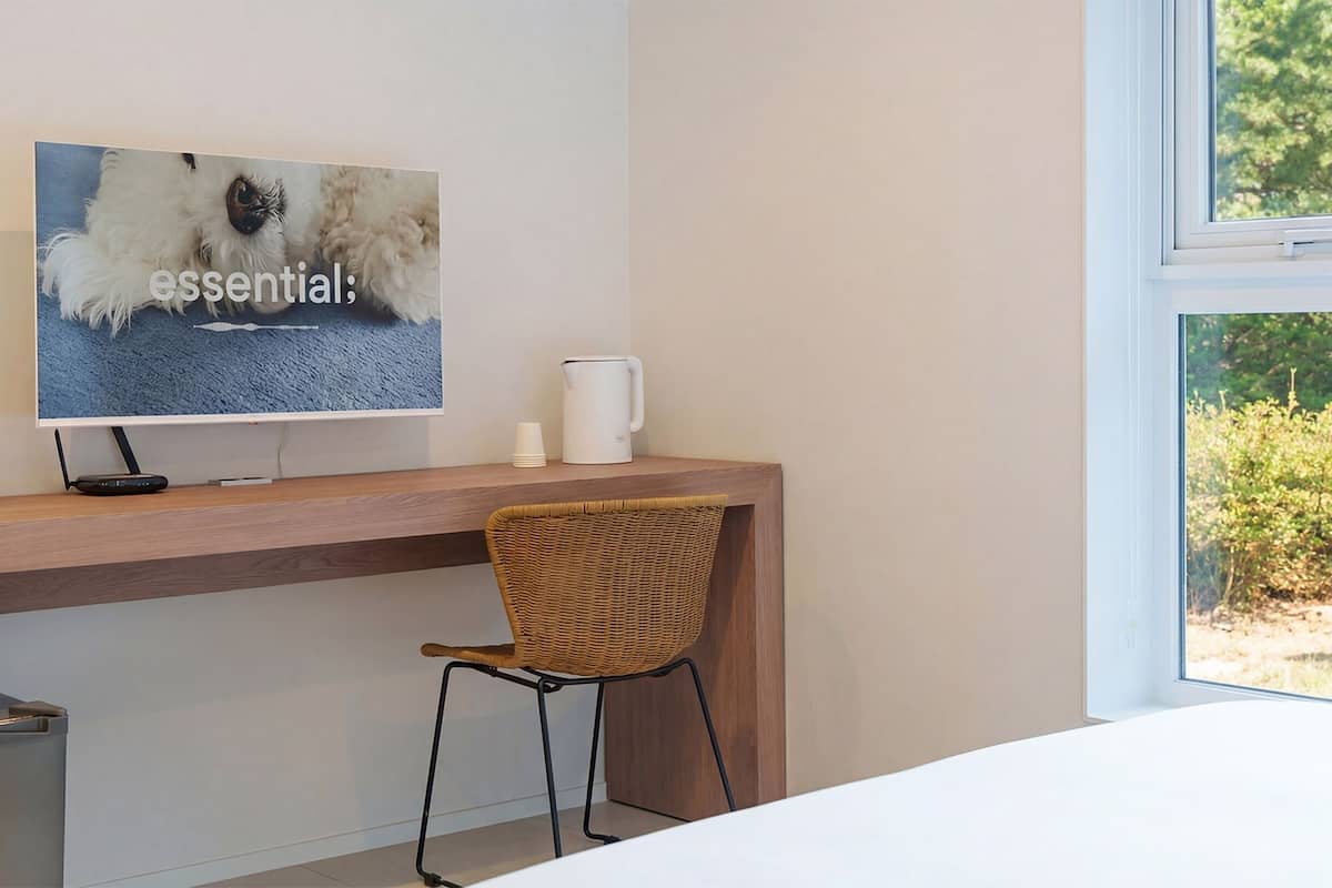 A modern room with a wooden desk, a television mounted on the wall, a wicker chair, a white kettle, and a window with a view of greenery.