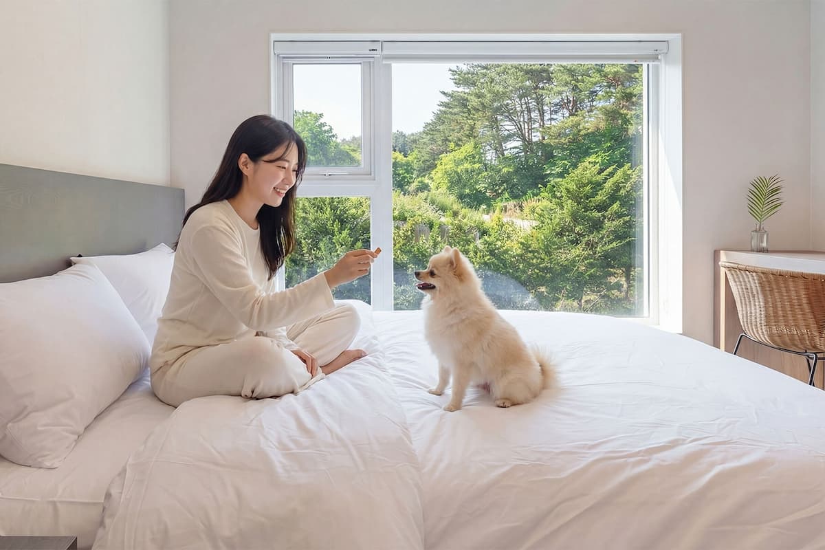 A person sitting on a bed in a room with a large window, interacting with a small dog.