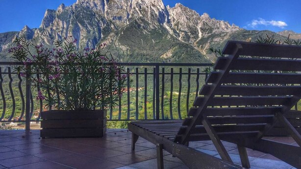 A balcony with a mountain view, a potted plant, and a lounge chair.