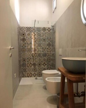 Shower, hair dryer, bidet, towels