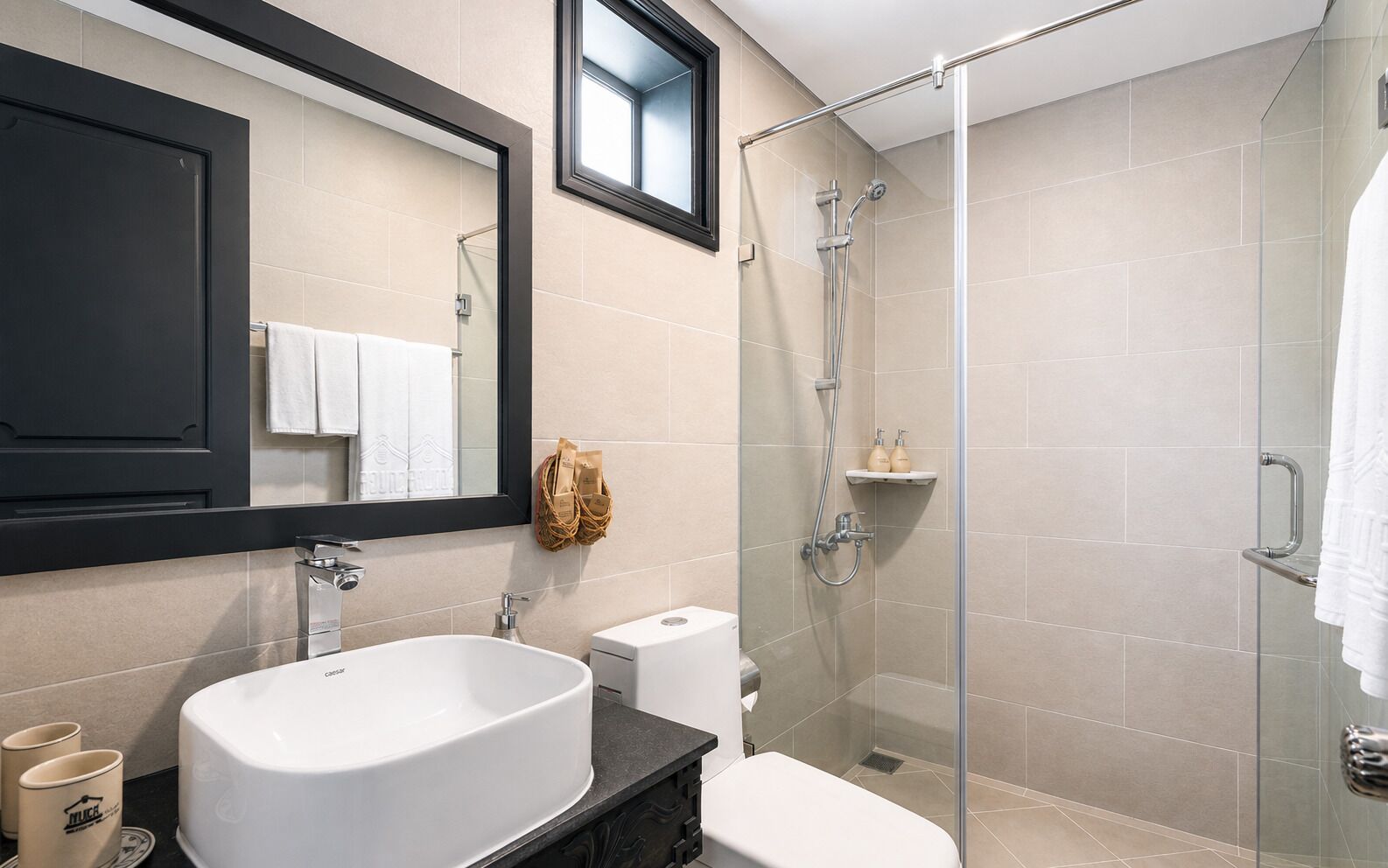 Shower, free toiletries, hair dryer, slippers