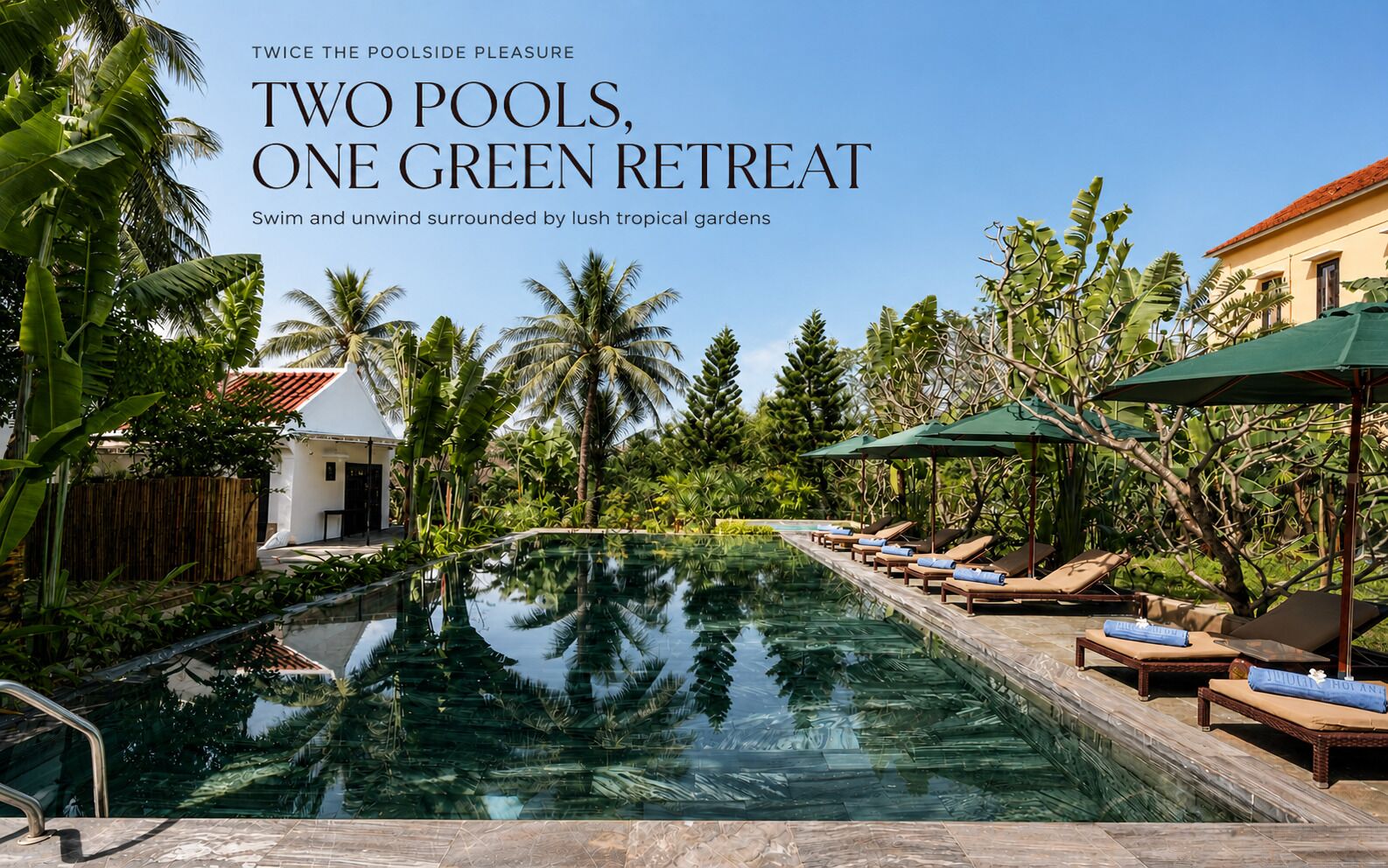 2 outdoor pools, open 6:00 AM to 7:00 PM, pool umbrellas, pool loungers