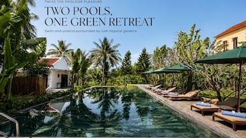 2 outdoor pools, open 6:00 AM to 7:00 PM, pool umbrellas, pool loungers