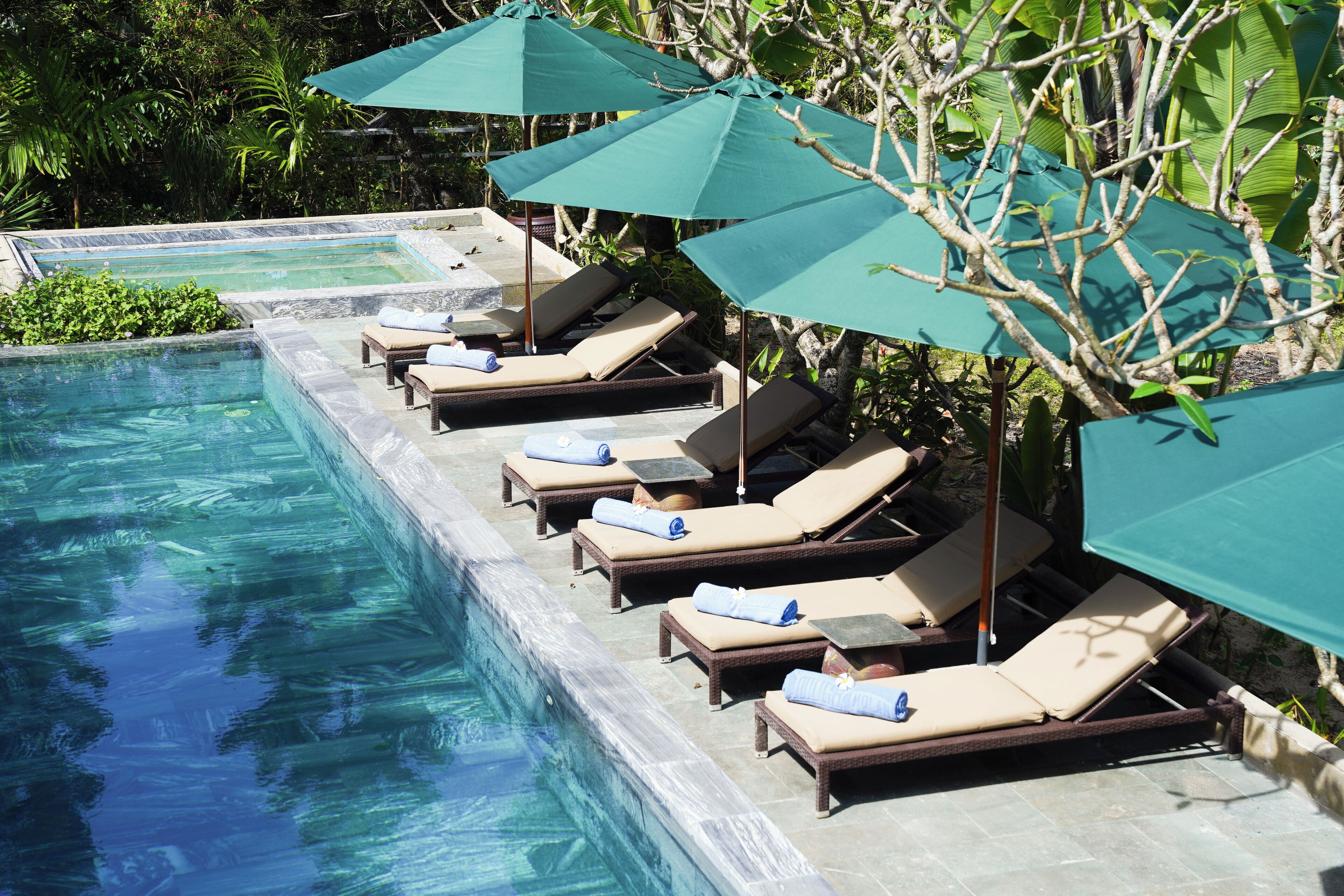 Outdoor pool, pool umbrellas, pool loungers