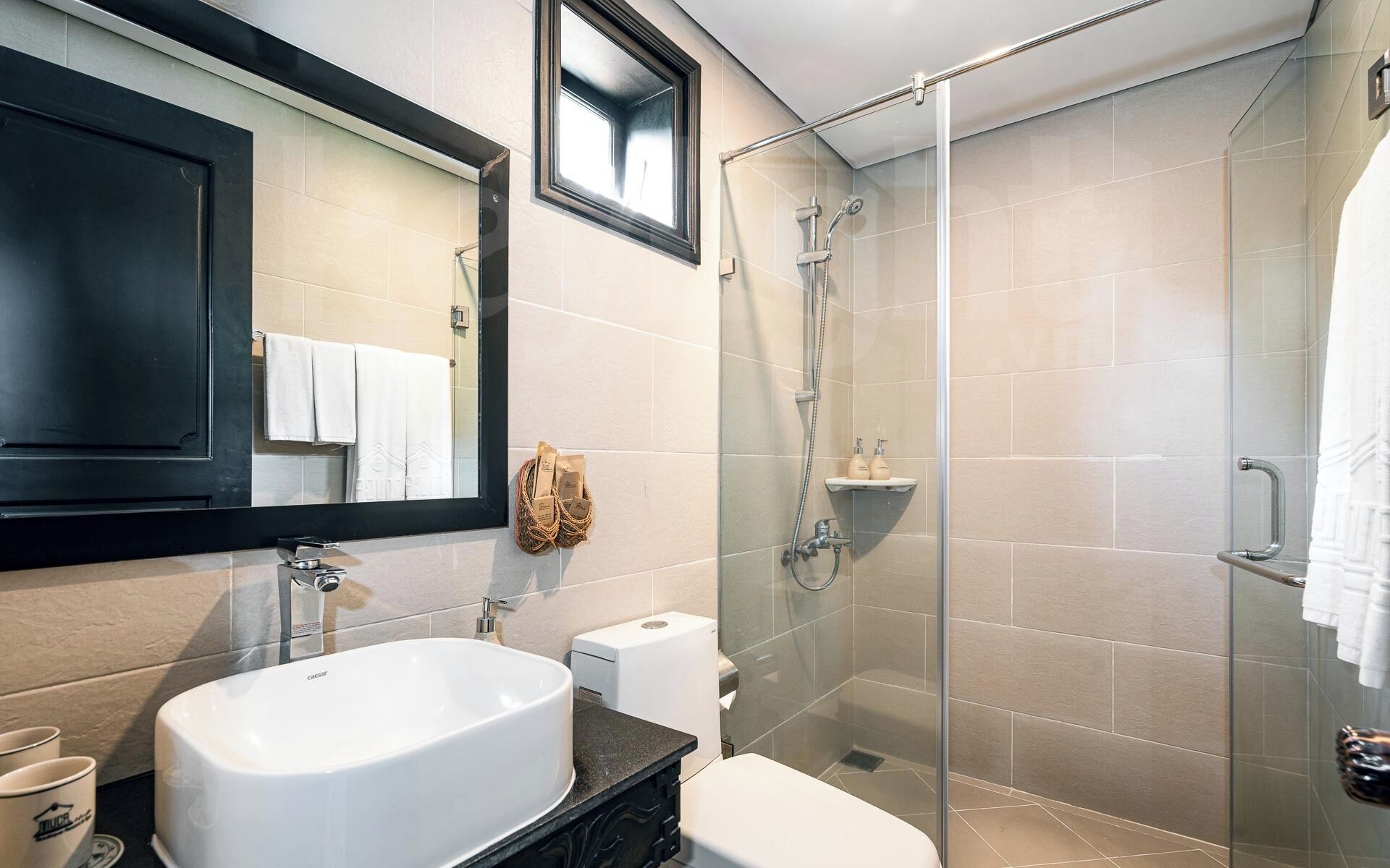 Shower, free toiletries, hair dryer, slippers