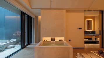 Separate tub and shower, free toiletries, hair dryer, towels