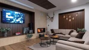 A modern living room with a fireplace, a large flat-screen TV, and mounted deer heads on the wall. - Standard Room & Spa Retreat at Resort Stribor – Relax in Nature (Severin na Kupi)