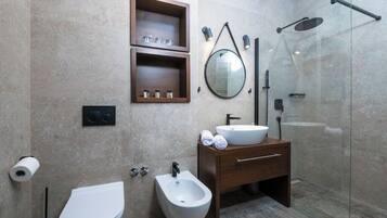 Shower, hair dryer, bidet, towels