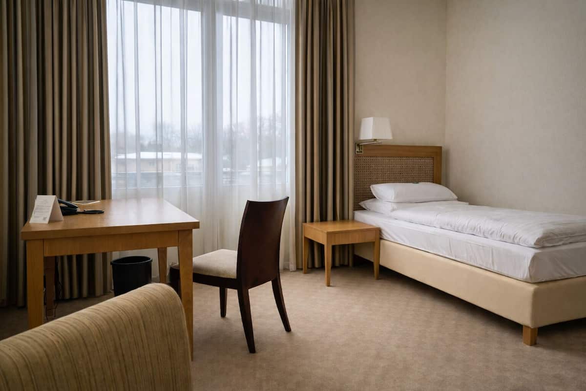 A hotel room with a bed, a desk, a chair, and a small table.