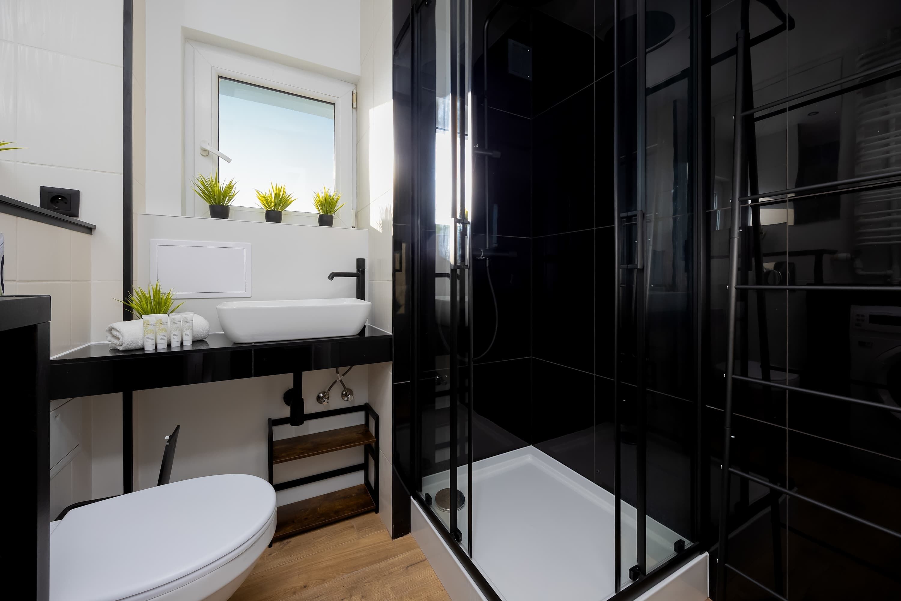 Shower, hair dryer, towels, shampoo