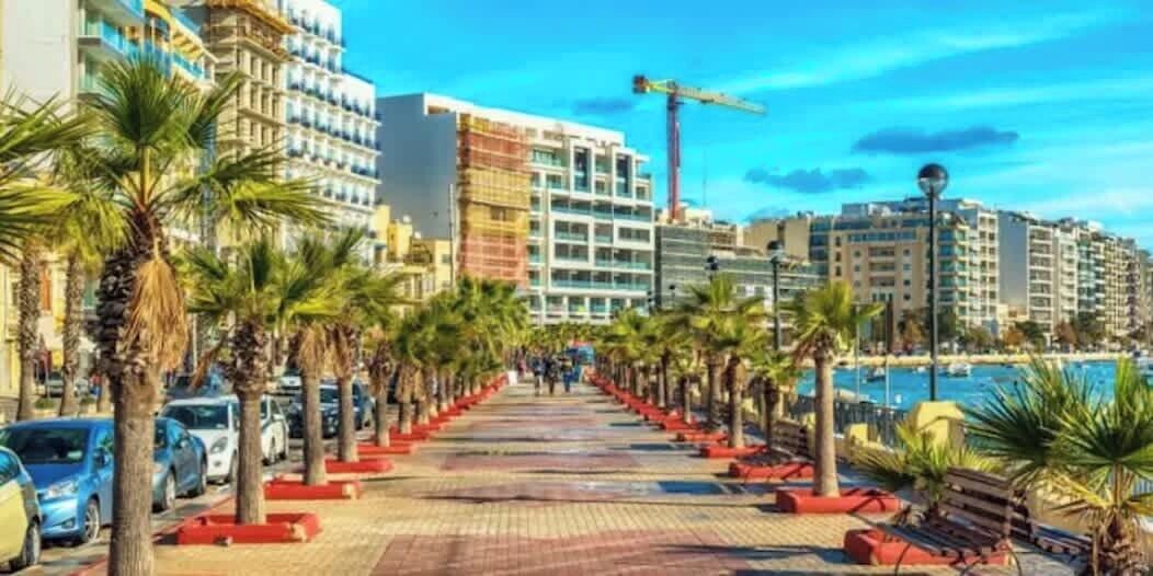 A coastal promenade lined with palm trees and parked cars, leading to a waterfront area with buildings in the background.