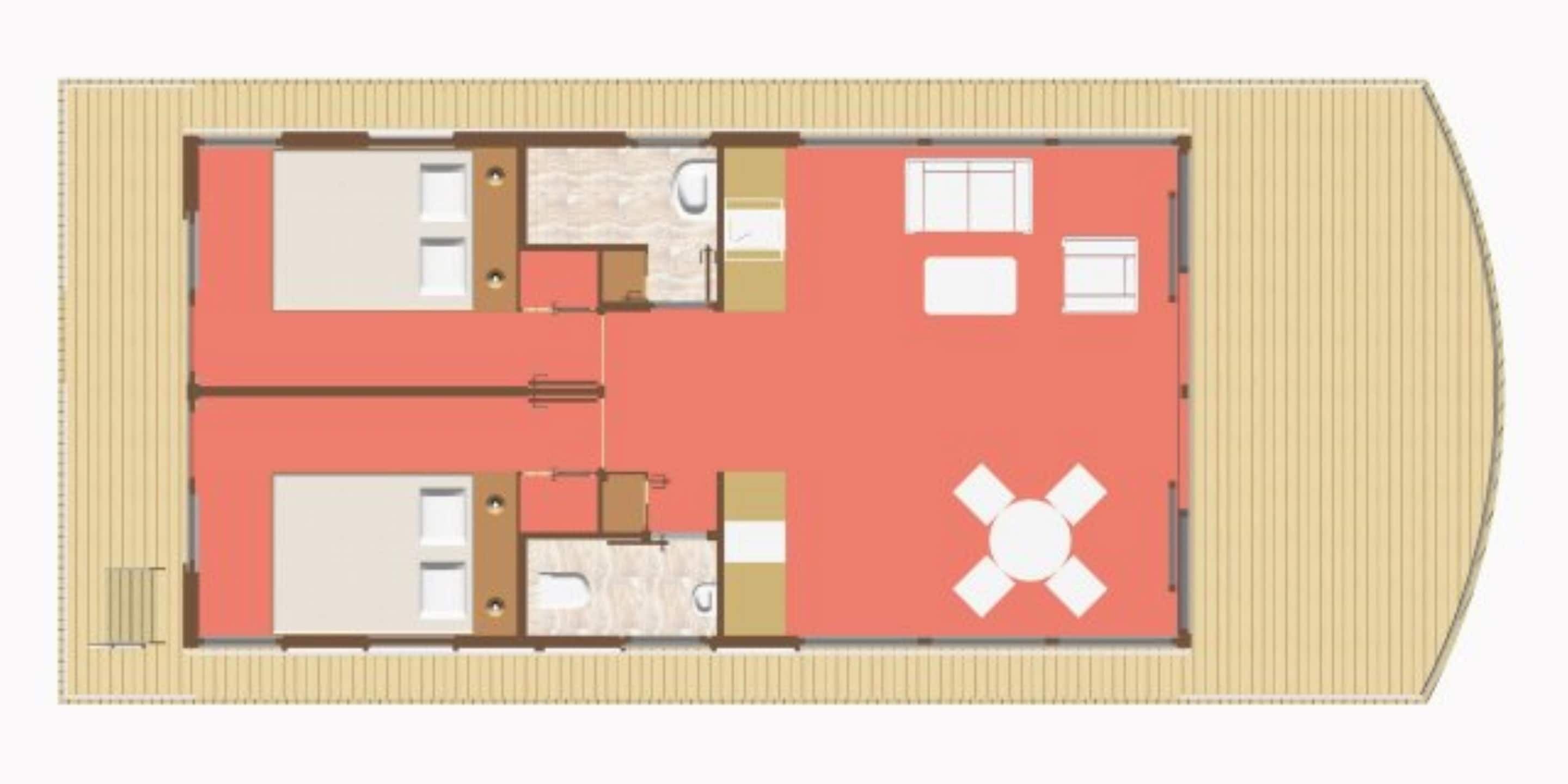Pianta della camera d'albergo con bagno, angolo cottura e zona salotto.