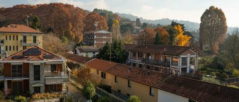 A residential area with multi-story buildings, a green lawn, and trees with autumn foliage.