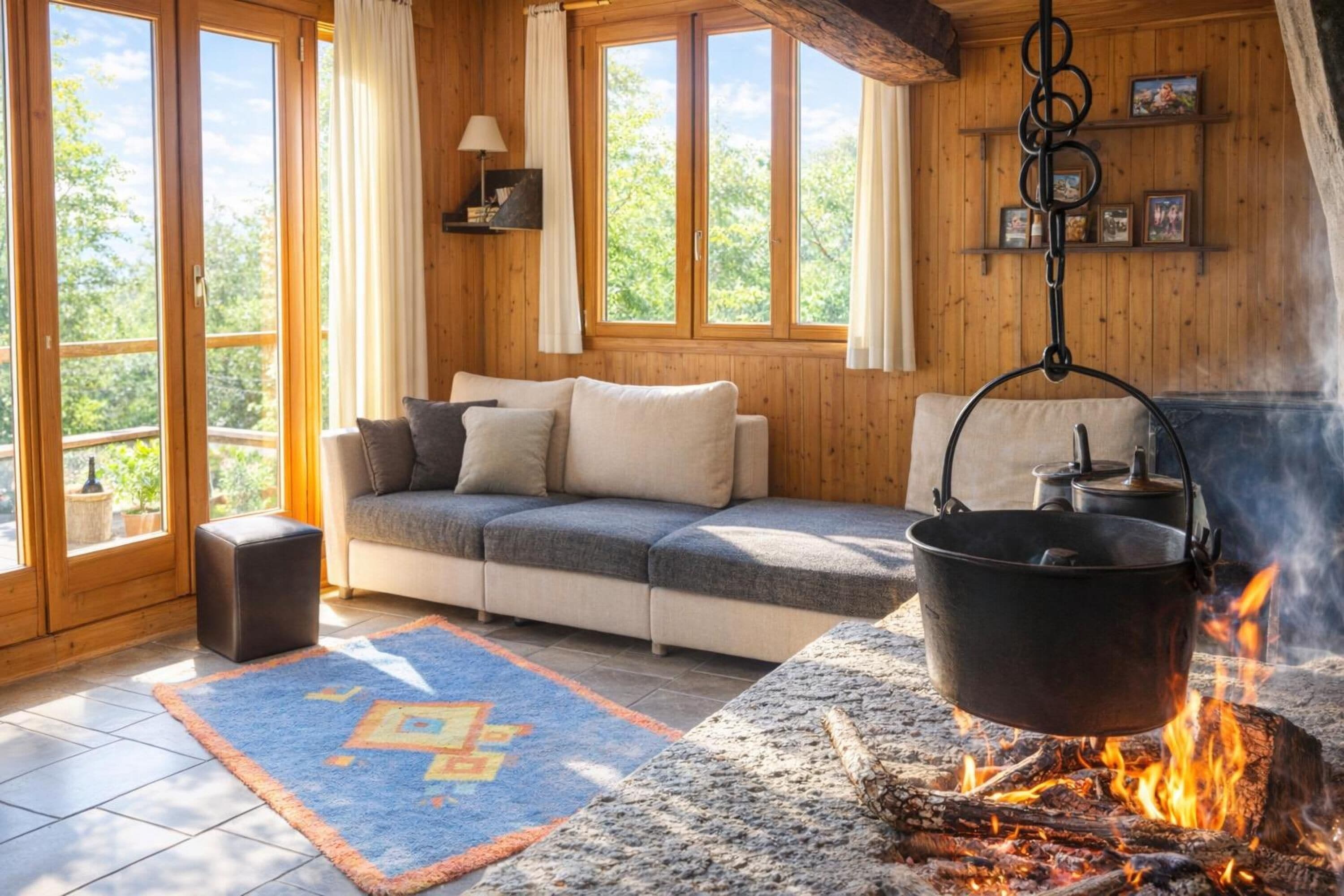 Family Chalet, Multiple Bedrooms, Mountainside (Ca Brunella 2) | Ruang tamu | 21 inci televisyen dengan digital, pendiangan 