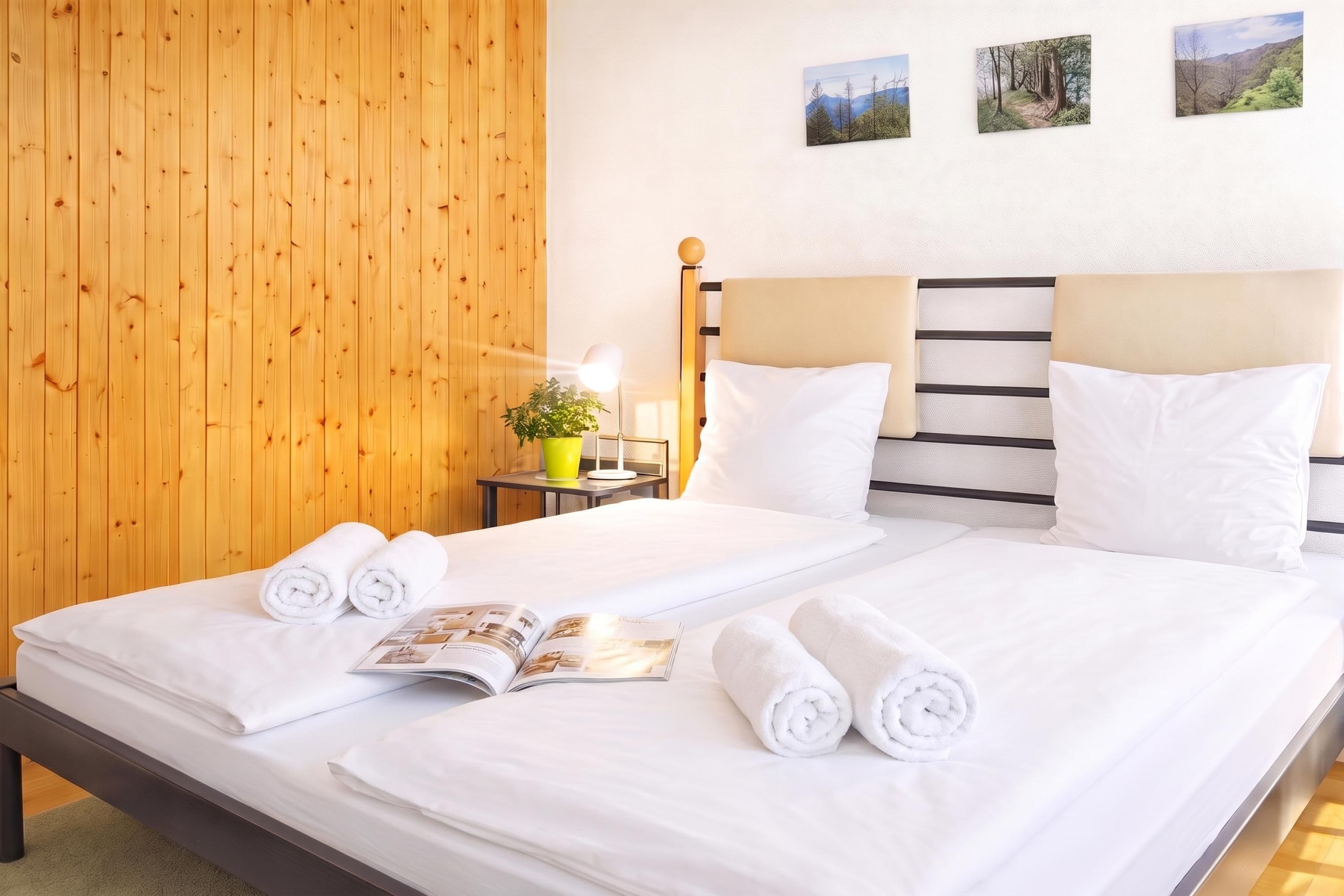 A double bed with white linens, two rolled towels, a bedside table with a lamp, and a small potted plant.