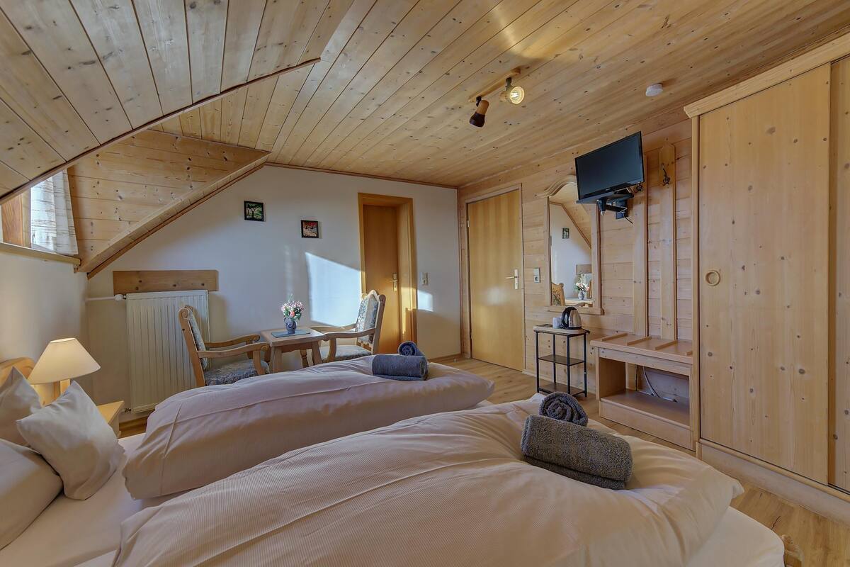Ein gemütliches Zimmer aus Holz mit zwei Betten, einem Schreibtisch und einem an einer Holzkommode befestigten Fernseher.