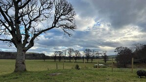 A rural landscape with a prominent tree in the foreground, a fenced field, and a cloudy sky. - Hot tub - Garden - Bbq - Parking - Pets - Sleeps 6 (Strathpeffer)