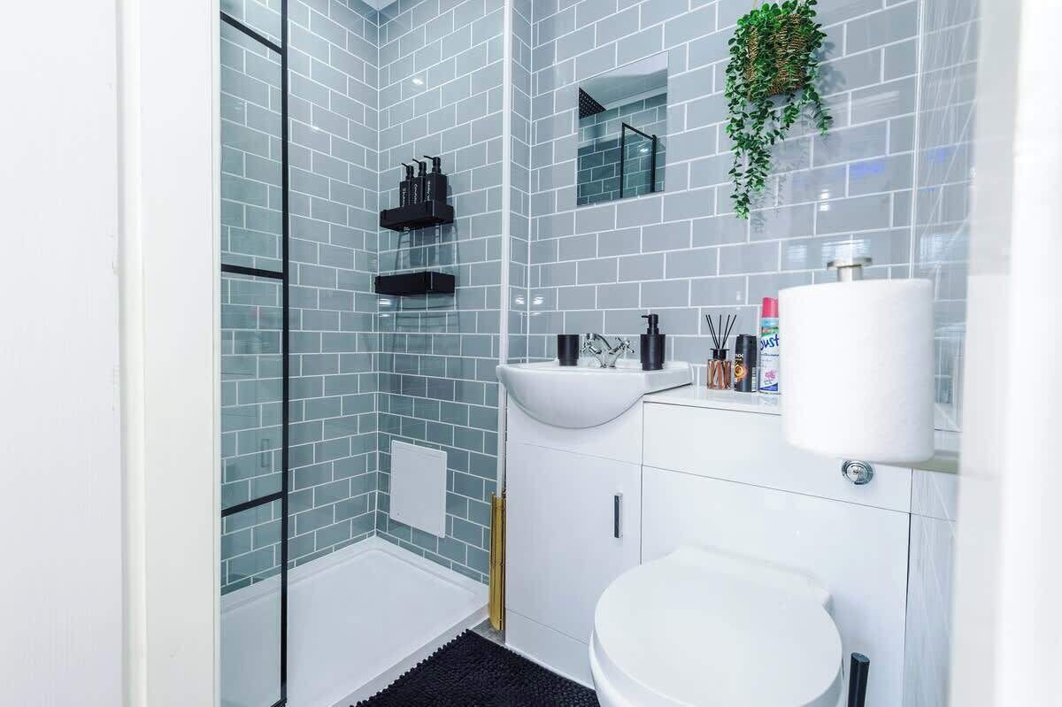 A modern bathroom with a glass shower enclosure, white sink, and a toilet.