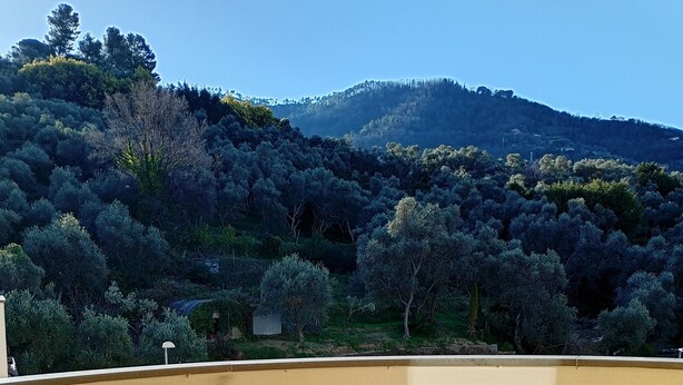 Une terrasse avec une table et des chaises, offrant une vue sur un paysage montagneux.