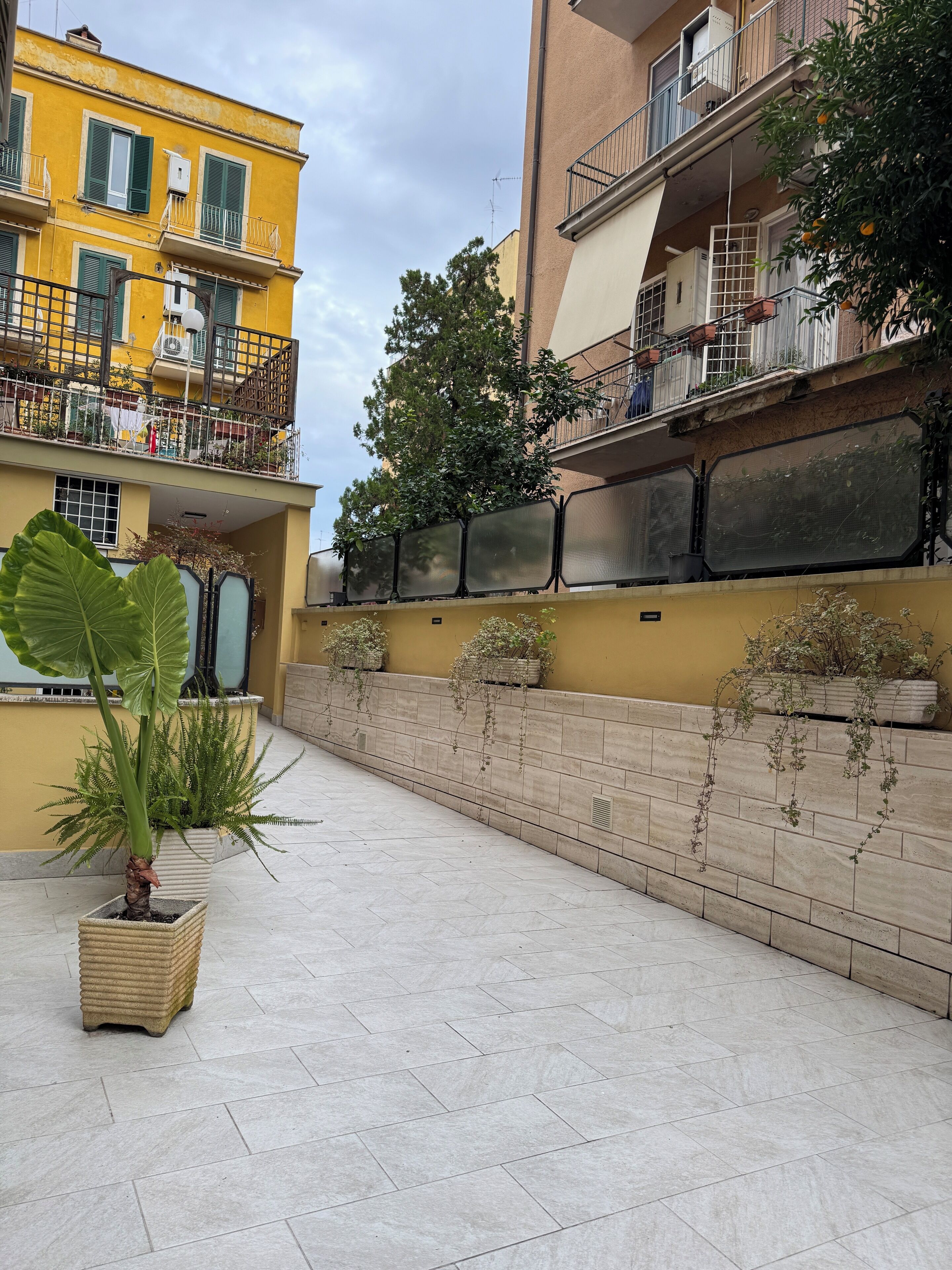 Un cortile con pavimento piastrellato, piante in vaso e un edificio giallo con balconi.