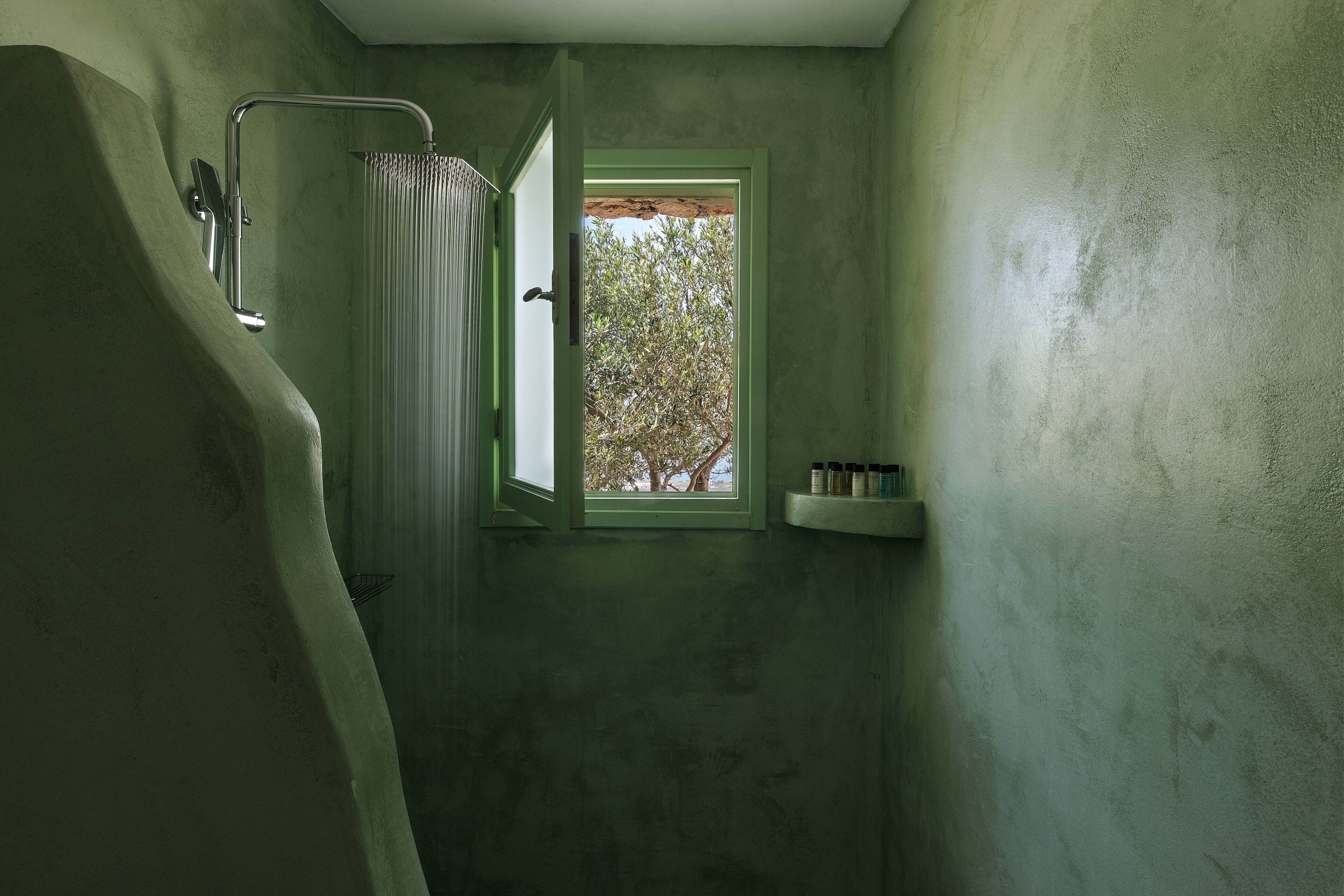 Een badkamer met een douche, een raam met uitzicht op bomen en een plank met toiletartikelen.