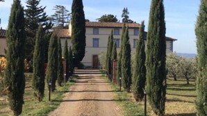 A dirt path leading to a building with a tiled roof, flanked by tall cypress trees. - Cipressina – Spacious Tuscan Apartment with Pool for Families and Groups (Montespertoli)