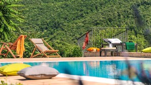 Ein Poolbereich mit Liegestühlen, einer Grillmöglichkeit und Blick auf einen üppigen, grünen Hang.