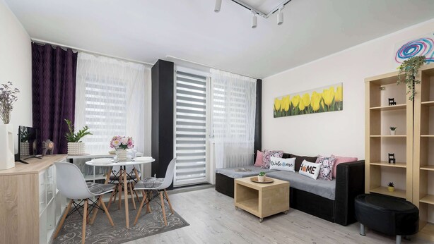 Un salon moderne avec un canapé, une table basse et un coin repas.