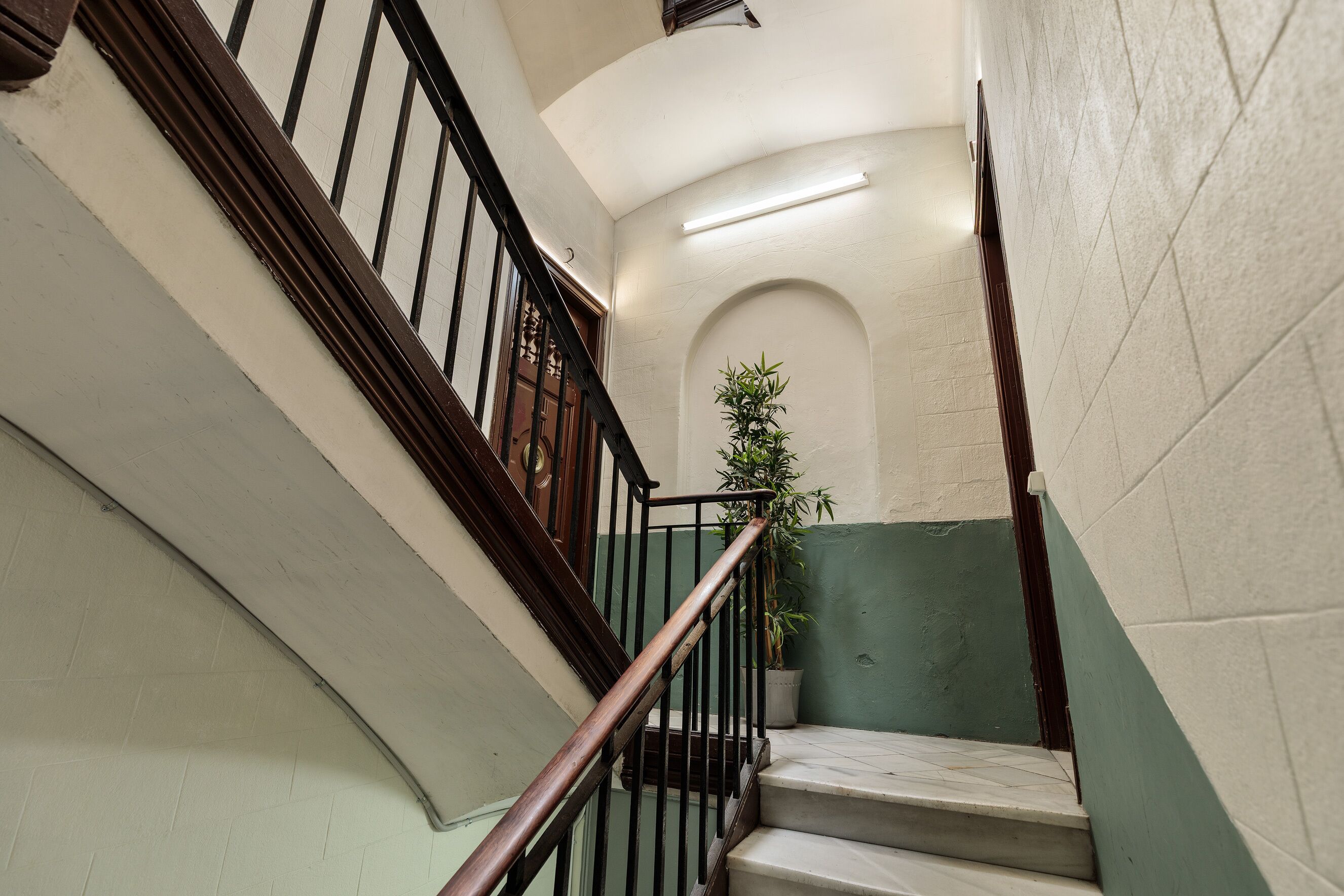 Un escalier avec une rampe en bois, une plante en pot et un luminaire.