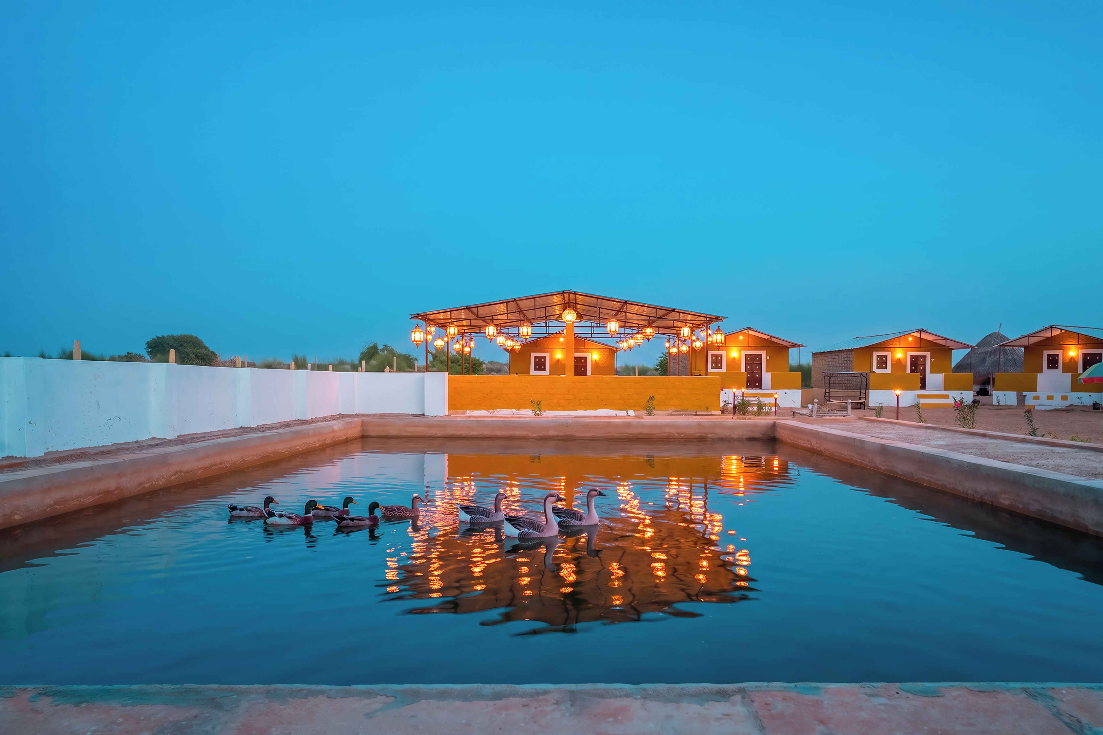 Ein Pool mit Enten, eine überdachte Sitzgelegenheit und ein Gebäude mit mehreren Zimmern.