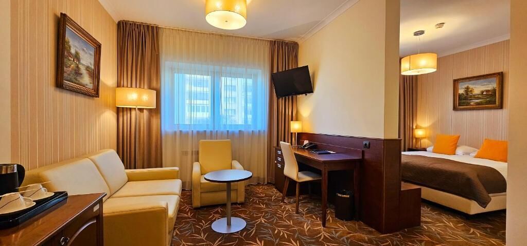 A hotel room with a bed, a desk, a chair, a sofa, and a television.