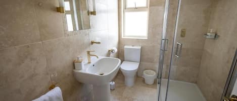 Une salle de bain avec un lavabo sur colonne, des toilettes et une douche à parois en verre.