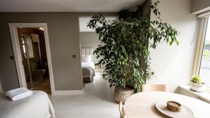 A bedroom with a bed, a bedside table, a large potted plant, and a window with a view. - Coastal View House (Doolin)